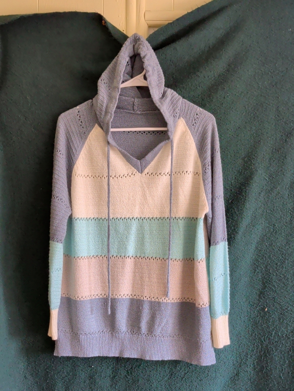 Striped V-Neck Hooded Sweater in Pastel Blue, Cream & Mint